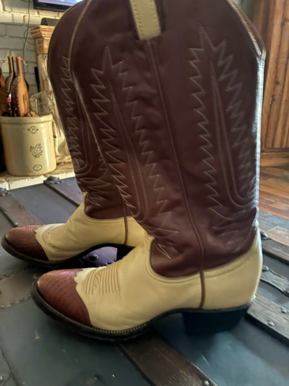 Tony Lama Brown and Cream Two-Tone Western Cowboy Boots - Picture 2 of 7